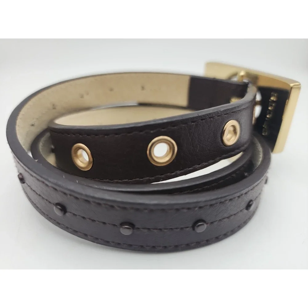 Vintage Chico's Skinny Belt Wood & Brass Rectangle Statement Buckle 35